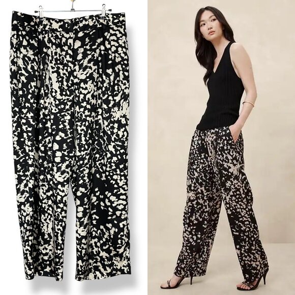 NWT Banana Republic Factory Pants Relaxed Trouser Black Off-White Abstract Sz 14 - Picture 1 of 12